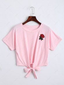 Bow Tied Floral Embroidered Cropped Top - Pink M