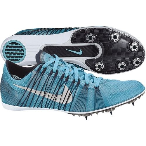 white and blue track spikes