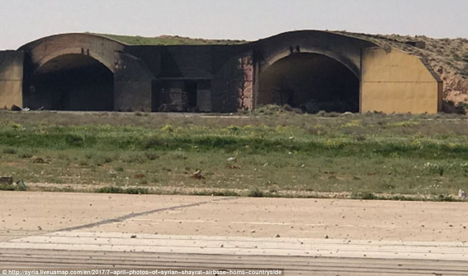 Burnt out: Footage showing burnt out shelters and hangars and a damaged runway was cheered by tearful Syrians hoping that Trump's intervention would lead to Assad being overthrown