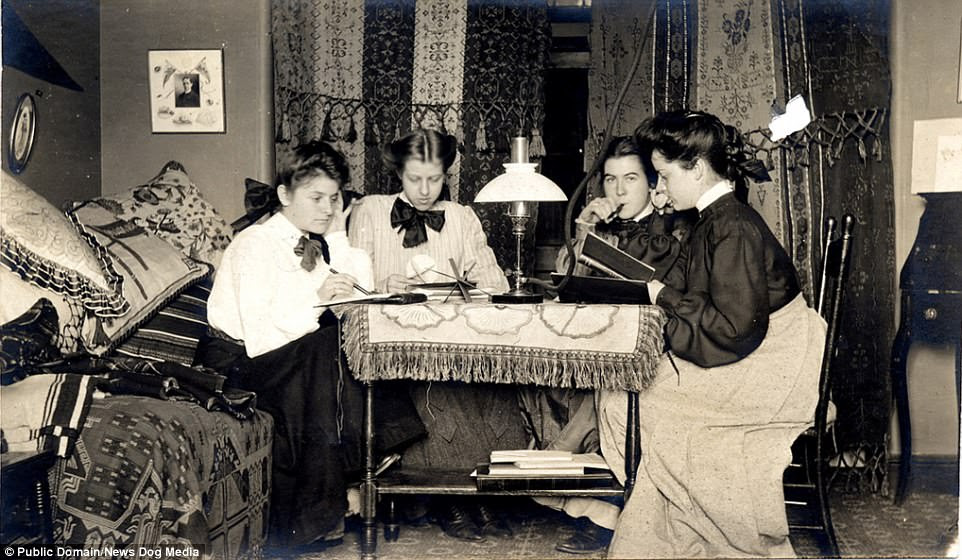 The ladies of Vassar University were snapped getting together for a study session in 1905, which would be easily recognizable for today's college kids 