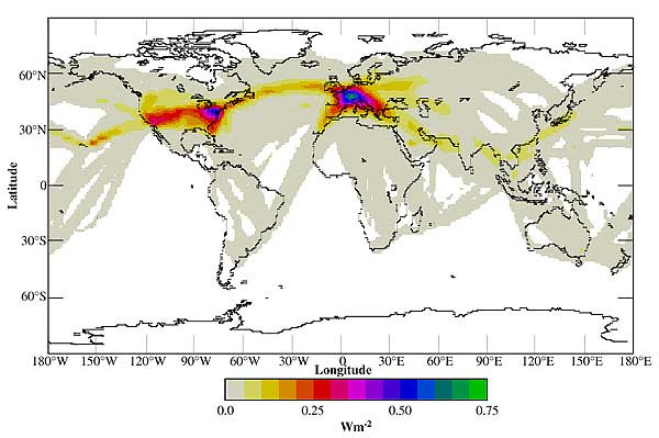 Global distribution of net instantaneous radiative forcing at the top of atmosphere in daily and annual average for present (1992) climatic conditions, analyzed contrail cover, and 0.55-µm optical depth of 0.3 (Minnis et al., 1999).