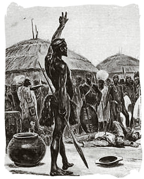 Sketch of King Dingane at the murder of Piet Retief and his men