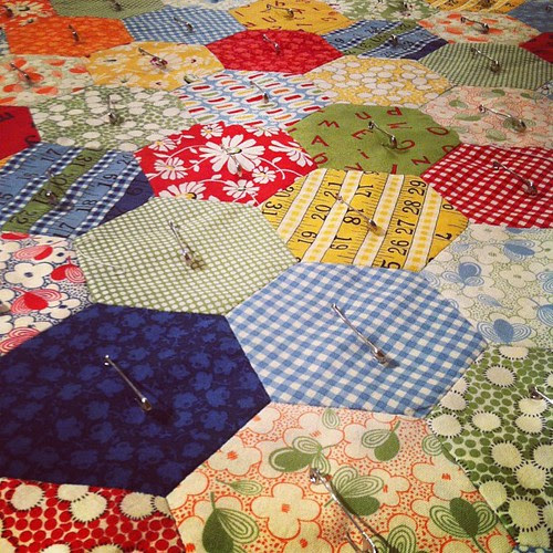 Pinned and ready for quilting #straightlines #hexagonquilt #babyquilt