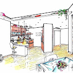 Cucina soggiorno open space con divisorio diagonale