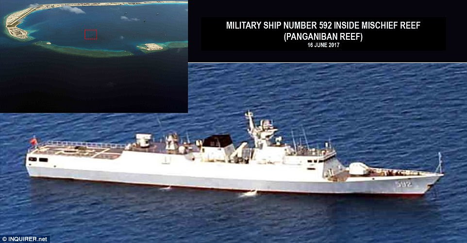 One of the fortresses is situated on Panganiban, a reef which a United Nations-backed court has previously ruled belongs to the Philippines, it is reported. Pictured: a Chinese missile frigate