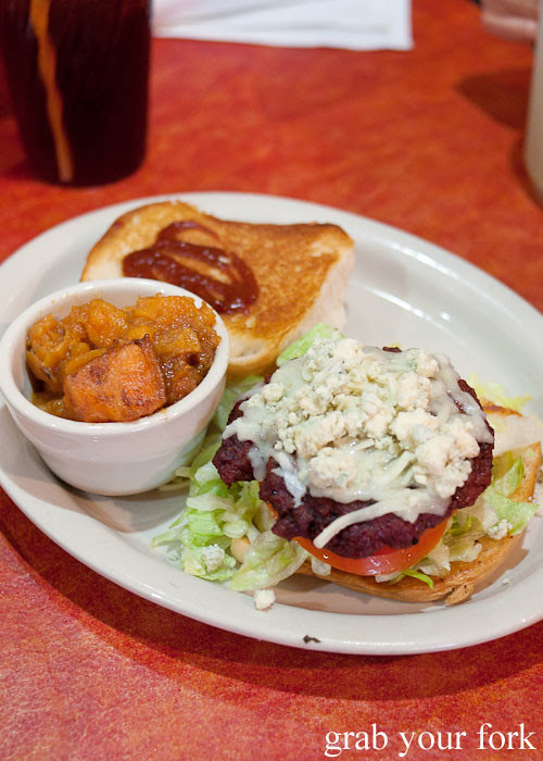 red white and bleu blue cheese burger with candied yams at hoover's cooking austin texas