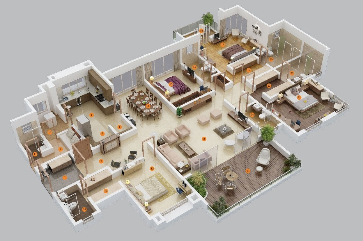 Layout 4 Bedroom House Floor Plan Design 3d House Storey