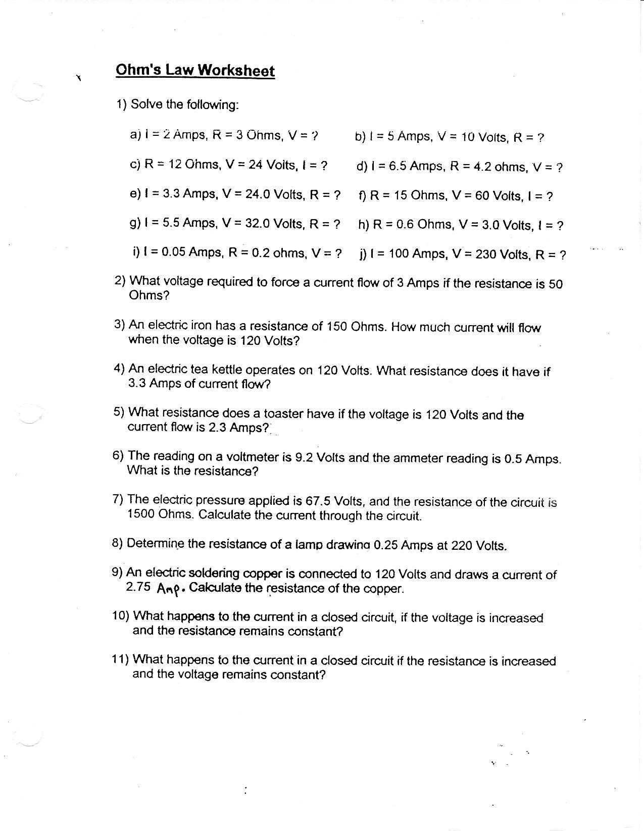 Ohms Law Worksheet Answers Worksheet List
