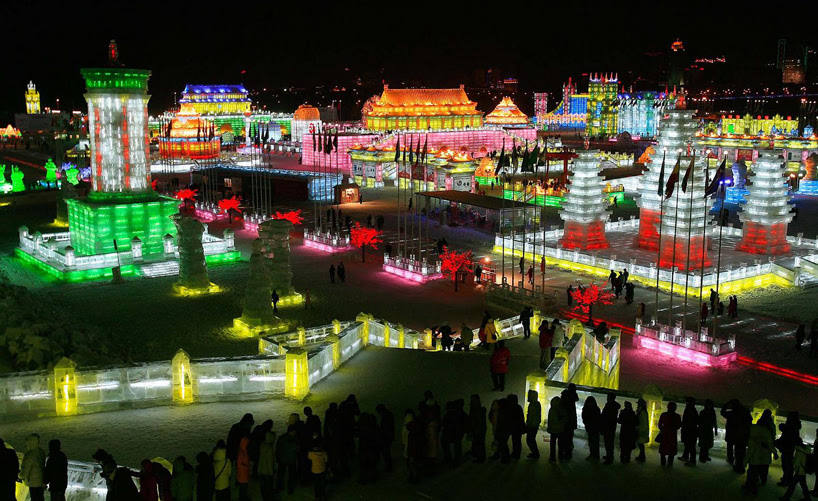 illuminated glacier village at the 2014 harbin ice festival