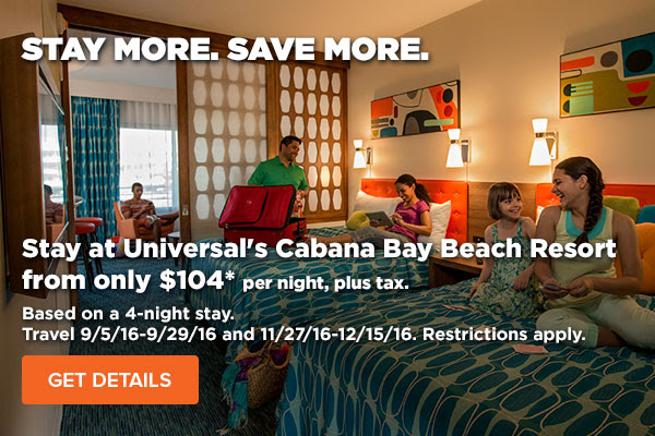 Stay at Universal's Cabana Bay Beach Resort from only $104* per night, plus tax.