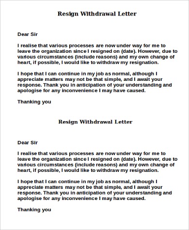 application letter for withdrawal of resignation