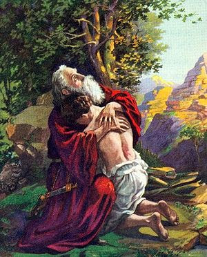 English: Abraham embraces his son Isaac after ...