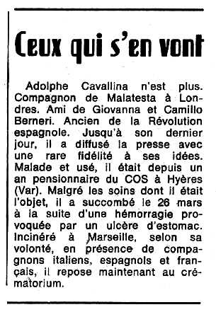 Necrològica d'Adolphe Cavallina publicada en el periòdic tolosà "Espoir" del 30 d'abril de 1972