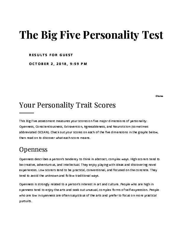 Printable Ocean Personality Test