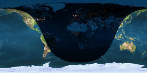 Day and night sides of Earth at the instant of the December 2014 solstice (2014 December 21 at 23:03 Universal Time). Image credit: Earth and Moon Viewer