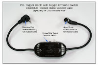 PT1013: Pre-Trigger Cable with Toggle Override Switch - Temperature Resistant Rubber Jacketed Cable Especially for Cold Weather Use - Nikon 10 pin OEM Connector, Oversized RA Molded Mini Plug