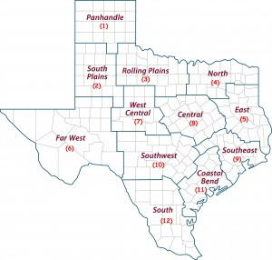 Map of the12 Texas AgriLife Extension Service Districts