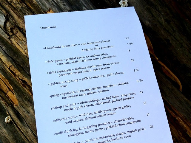 Dinner Menu at Outerlands - San Francisco