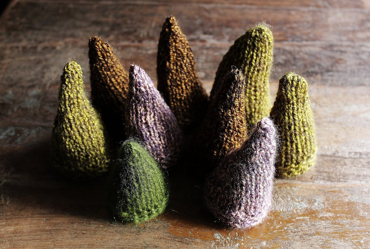 pine cone mountains in earth tones, set of nine - rustic, woodland, wedding home decoration / knit art