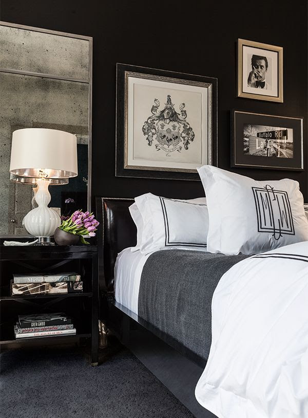 Monagrams, Antique Mirrors. and Black Leather Headboard with Nailheads