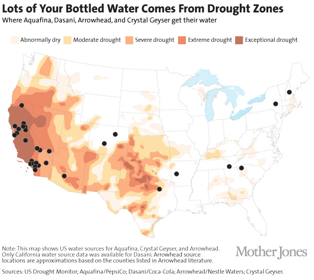 Map of areas of the US suffering from drought and bottled water aquifier locations