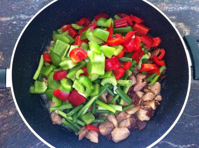 Bell Peppers and Onions Added to Wok