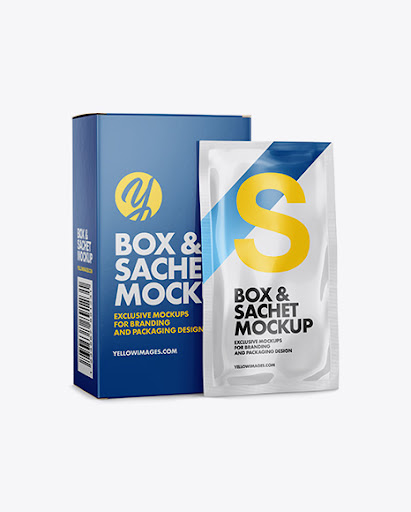 Download Free Glossy Sachet With Box Mockup Half Side View Packaging Mockups PSD Mockups.