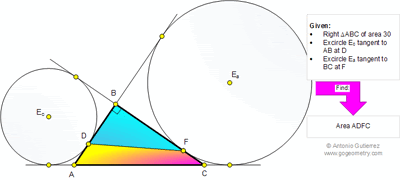 Problema de Geometría 813 (ESL): Triangulo rectángulo, circunferencias exinscritas, catetos, puntos de tangencia, cuadrilátero, área.