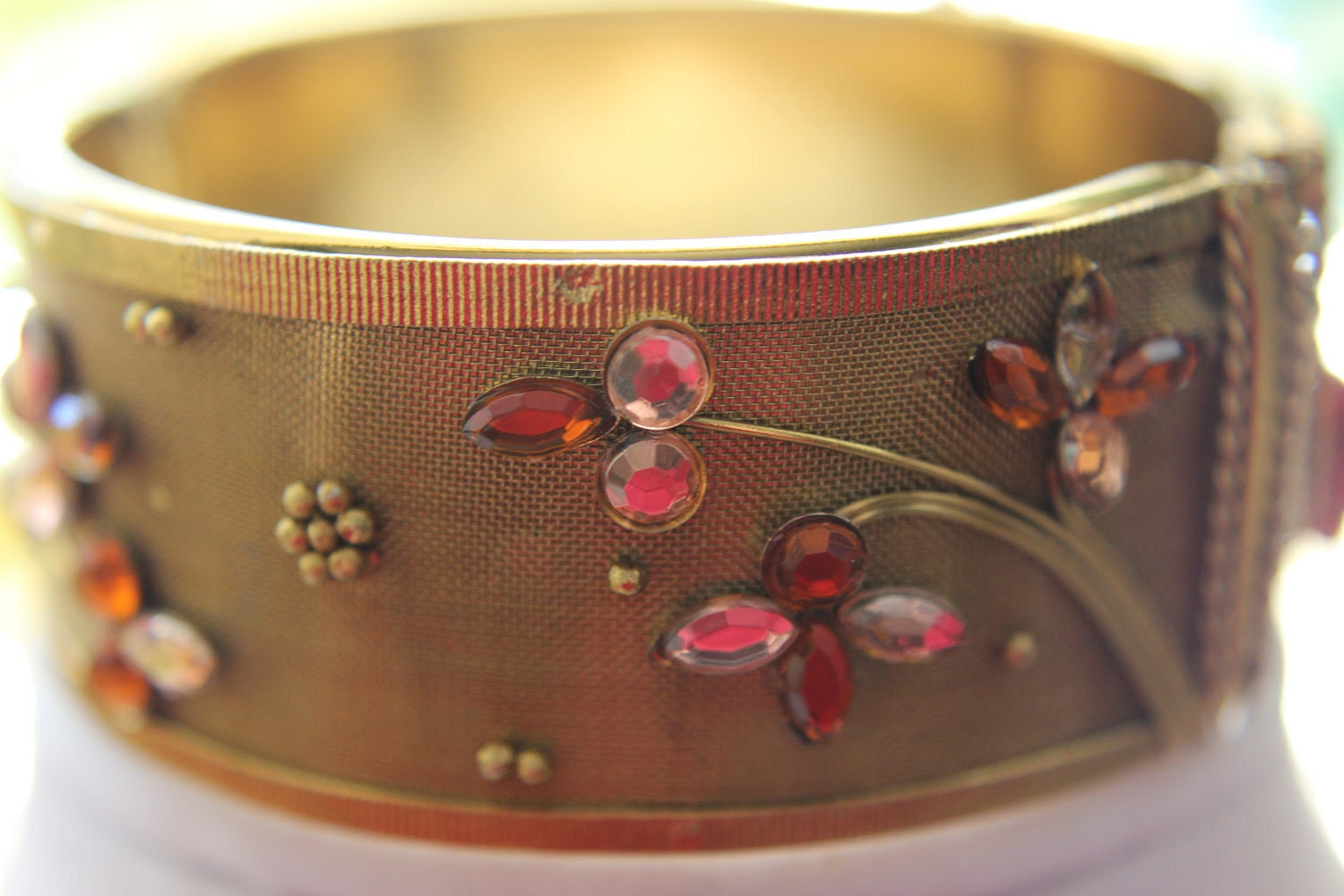Unique Rare One of a Kind Recycled Gold Godess Autumn Fall Rhinestone Charm Cuff Floral Flower Bracelet - NolaRejeweled Unique Rare One of a Kind Recycled Gold Godess Autumn Fall Rhinestone Charm Cuff Floral Flower Bracelet - NolaRejeweled