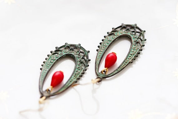 Patina Peacock Earrings Red Drop Verdigris Feather Earrings Christmas Jewelry Green Earrings - E106