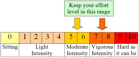 This image shows a continuum (from 0-10) to help figure out how to measure your level of effort for physical activity. On this continuum level 0 is sitting, levels 1 through 4 are labeled light intensity, level 5 and 6 are labeled moderate activity, level 7 and 8 are labeled vigorous activity, level 10 is labeled as hard as it can be.