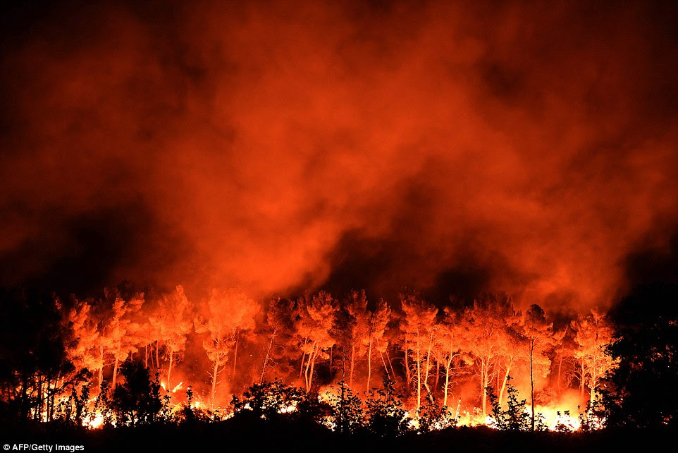 Um fogo arde em Les Pennes-Mirabeau, perto de Marselha, no sul da França última noite