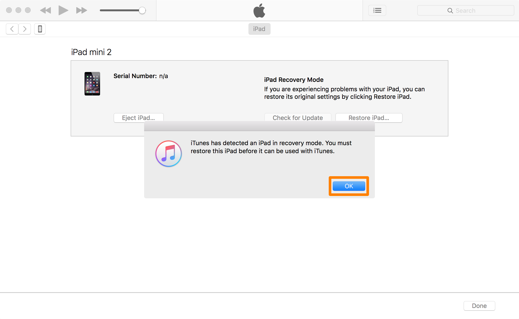 iTunes OK Restore Recovery Mode