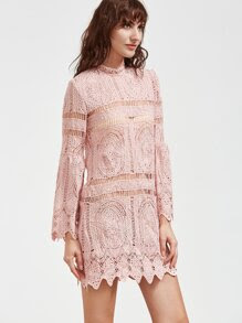 Bell Sleeve Hollow Out Plain Lace Two-Piece Shift Dress