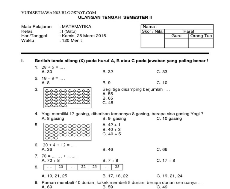 Soal Matematika Sd Kelas 1 Semester 2 Gratis - Guru Calistung