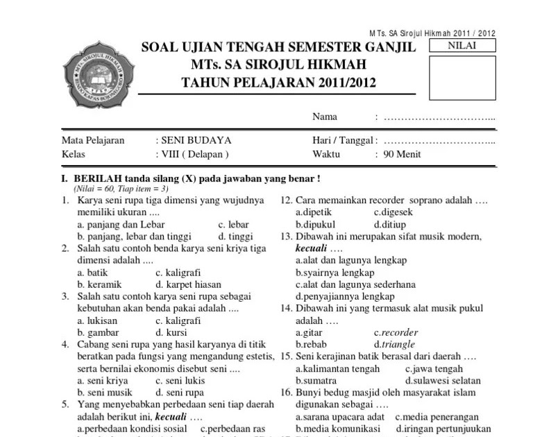 Soal Uts Seni Budaya Kelas 12 Semester 1 Beserta Jawabannya  Soal Uts