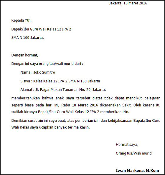 Contoh Surat Izin Tidak Masuk Sekolah Karena Sakit