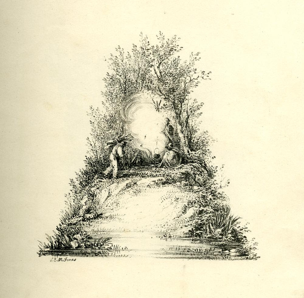Series of 26 landscape scenes shaped as letters of the alphabet; rebound in a 20th-century binding.
Letter A: upper part composed of three figures around a fire at the edge of a slope to small pond, forming the lower part of the letter; outline by trees.
Letter B: a vista on level country, outlined by trees and branches and the edge of a rise with two figures as the bottom part of the letter.
Letter C: a castle on cliffs on the left; waves of the sea shaping the lower curve, clouds the upper one.
Letter D: a semi-circular landscape scence with mountains in right distance; a crag with trees shaping the left outline of the letter.
Letter E: a ruinous gate, the right part of its arch broken, a tree on the left stretching to the right and two men standing on the right pointing at the ruin.
Letter F: a tree trunk and two branches stretching to the right at the top and in the middle.
Letter G: a country road winding in a curve to the right with a horse-and-cart at its end, and sided on the left with trees, their branches shaping the upper curve of the letter.
Letter H: two rocks at a lake connected by a bridge crossed by a figure and a cow.
Letter I: a country road with three figures, one on horseback, sided by trees as left outline, and meandering up to a castle as upper end of the letter.
Letter J: bottom curve formed of a lake with two fishermen standing on the left, right outline shaped by a rock with small waterfalls and surmounted with trees stretching to the left.
Letter K: two trees growing on each side of a river, crossing over it; surrounded with reed at the bottom forming the serifs.
Letter L: a seascape with a cliff and flying gulls as left outline, the sea shaping the bottom outline, a sailingboat as serif on the right.
Letter M: composed of willows and a spruce growing at a pond with ducks on the left; the branches growing into opposite directions outlining the two triangles of the letter.
Letter N: composed of a triangular shaped ruin to left and a tree to right, located at a river or lake.
Letter O: a river as bottom part of the oval, sided by a rock on the left and a tree on the right, its branches growing to the left forming the upper outline of the oval.
Letter P: a tree with two branches growing to the right and connected by a man, standing on the lower branch, clinging unto the upper.
Letter Q: bottom composed of a river winding from right to left and a stone bridge spanning over it from left to right shore; outlined at left and right by hills with trees.
Letter R: a ruinous wall with arch and pointed window above it, a shepherd herding sheep and cows through the arch.
Letter S: composed of two sailing boats one on distant left, one in foreground carried to the right by a wave, and of clouds and seagulls above.
Letter T: a tree with a flat treetop spreading to left and right, two stags to the foot of the tree trunk.
Letter U: a valley with rocks on the left and trees on right side and a figure on horseback in between.
Letter V: composed of a wood with a clearing at its centre, stags lying or standing on the lawn.
Letter W: a ruinous mossy pointed arch in landscape, flanked by two trees growing in opposite directions.
Letter X: composed of a small hill, sunlit on the left side and surmounted with trees growing into opposite directions; hares at the foot of the hill.
Letter Y: Two juxtaposed trees, growing at a river and stretching into opposite directions; two cows in front of trees, the right one drinking out of the river.
Letter Z: composed of a pond at bottom, from which some steps lead up to a small hut over which a tree is stretching to the left.
Lithograph