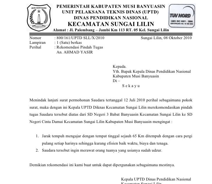 Contoh Surat Dinas Antar Sekolah