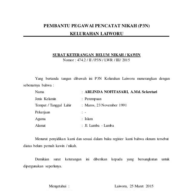 Contoh Surat Keterangan Belum Pernah Menikah Dari
