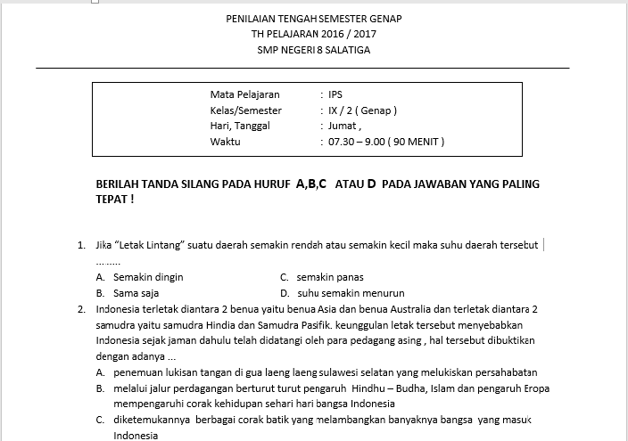 Soal Uas Ips Kelas 9 Semester 1 Ktsp 2019