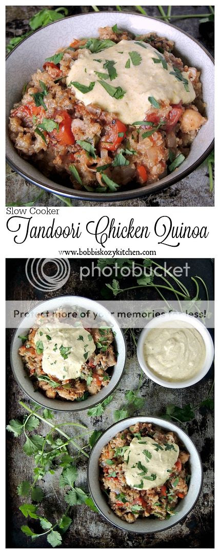 Slow Cooker Tandoori Chicken Quinoa is a healthy, and delicious, Indian inspired meal, made easy with the use of your slow cooker from www.bobbiskozykitchen.com