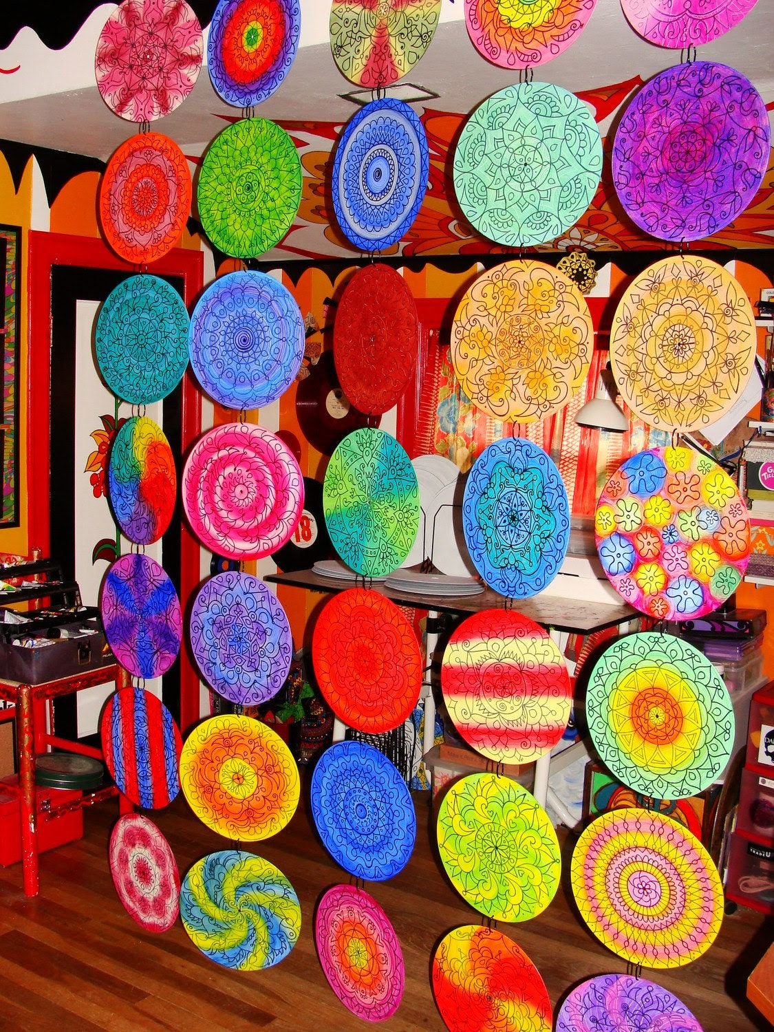 Custom Mandala Room Divider made from 35 Painted Vinyl Records - Tribal Inspired Geometry