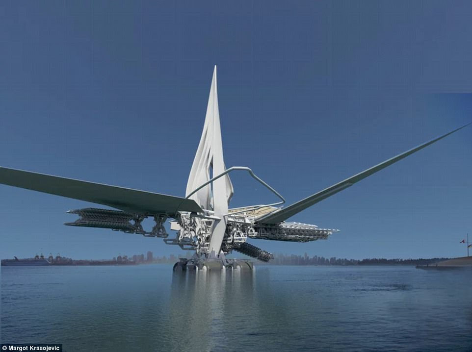 Ms Krasojevic's latest ambitious creation (pictured) would have the ability to fold up for transport, as well as to adapt itself to its surroundings. This would allow the bridge to move up and down the river, which would be achieved either by towing the massive structure or by onboard sails which would allow it to propel itself