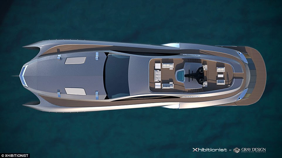 Slimline: Solar panels fold out from under a sleek car-bonnet-like deck to power the ship