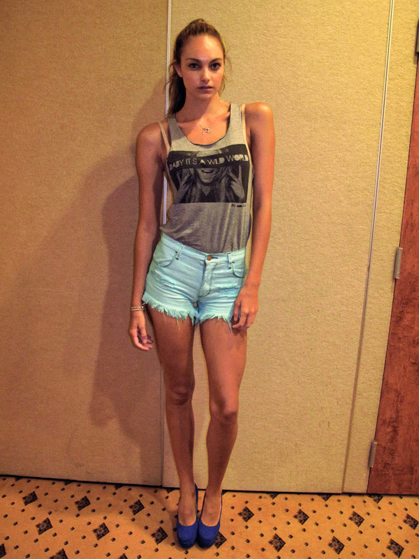 Fashion Model' Priscillas' denim shorts and singlet L'Oréal Melbourne Fashion Festival LMFF