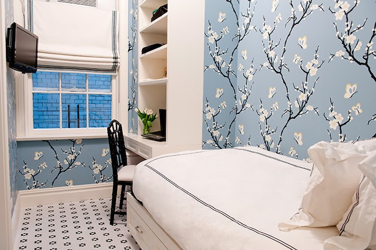 girl's rooms - blue sakura cherry blossom wallpaper white built-in desk shelves TV white romans shade blue ribbon trim white twin bed storage white twin hotel bedding blue stitching