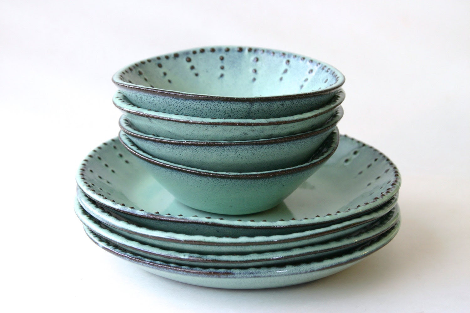 Stoneware Dinnerware Set - 8 Peices - Aqua Mist - Deep Salad Dinner Plate and Bowl - French Country - Made to Order - BackBayPottery Stoneware Dinnerware Set - 8 Peices - Aqua Mist - Deep Salad Dinner Plate and Bowl - French Country - Made to Order - BackBayPottery
