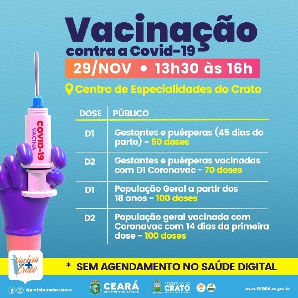 Crato disponibiliza vacinação contra a Covid-19 nesta segunda para público adolescente e D2.