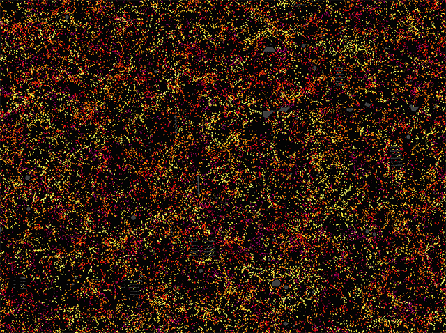 Colored dots show the positions of galaxies in a slice through our Universe